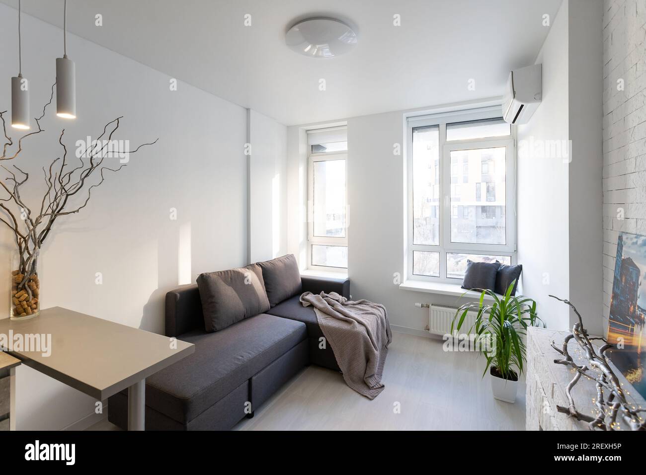 Cozy luxury modern interior design of a studio apartment in extra white ...