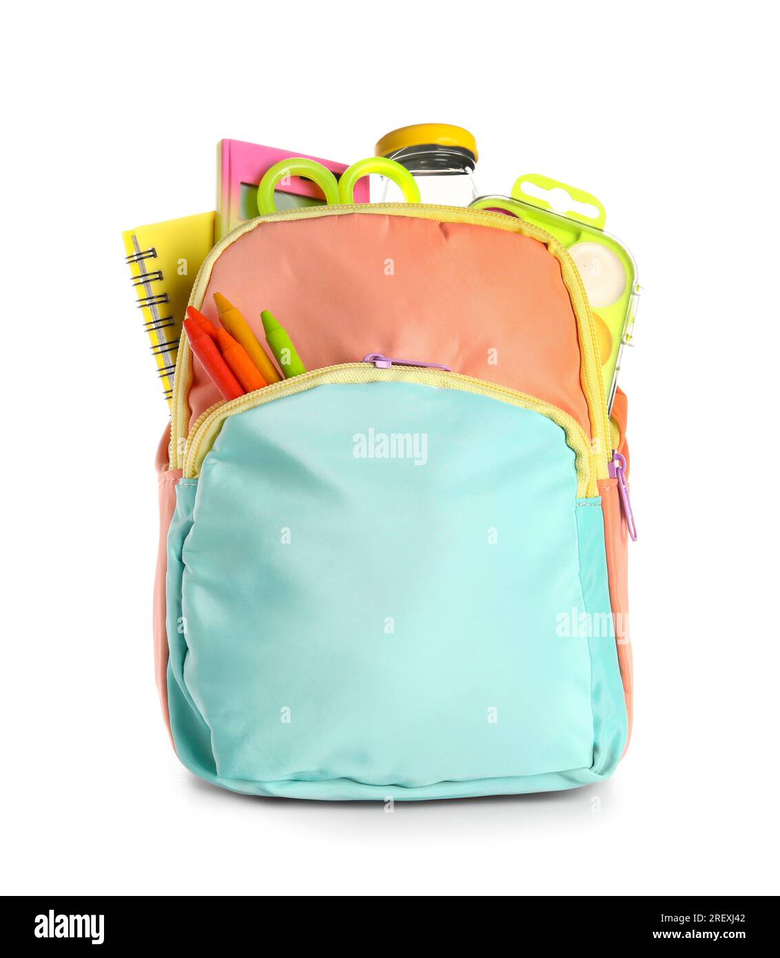 Colorful school backpack with bottle of water and different stationery ...