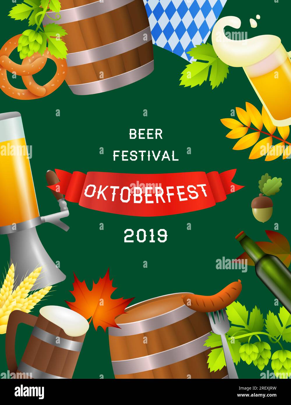Beer festival Oktoberfest lettering on red streamer Stock Vector