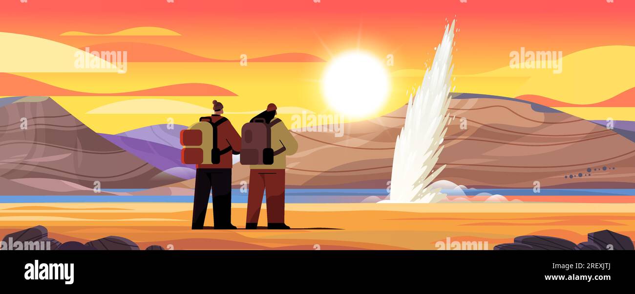 tourists couple near impressive eruption of active geyser hot water ...