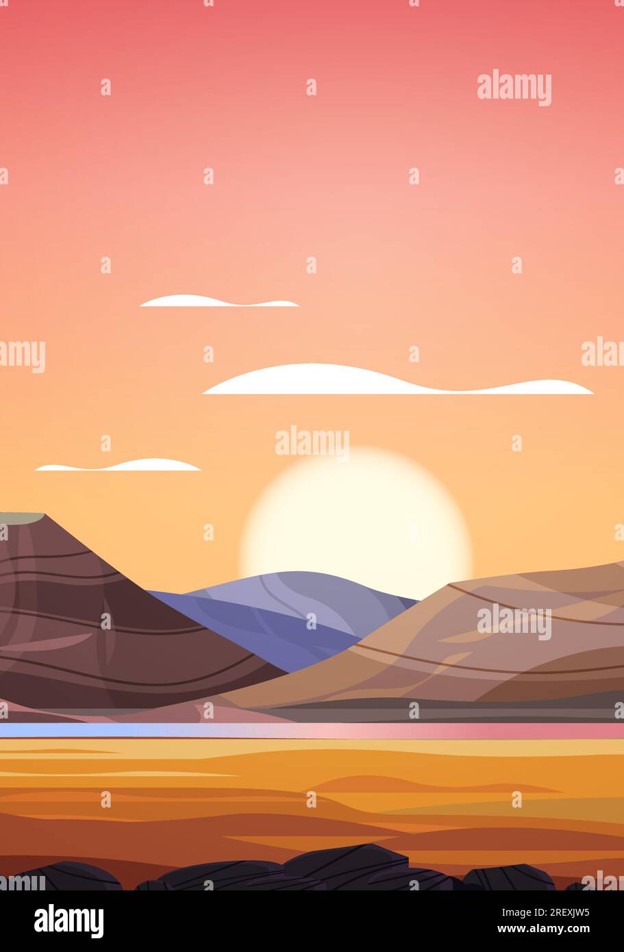 desert sunset landscape with golden sand dunes over mountains Stock Vector