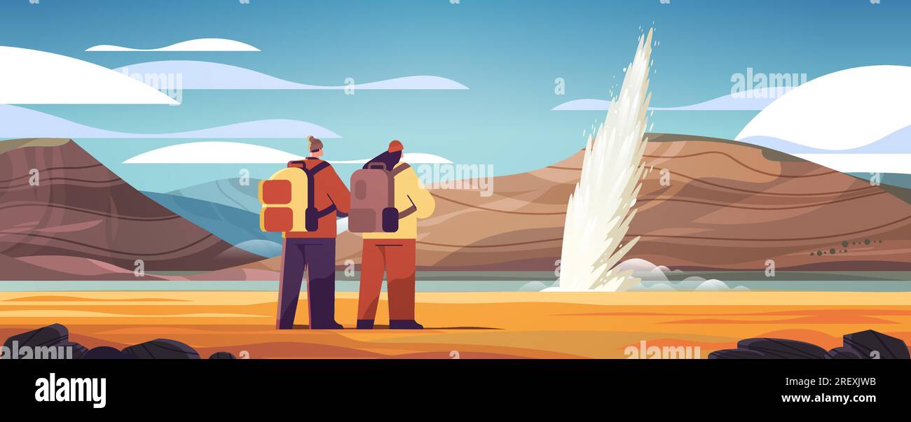 tourists couple near impressive eruption of active geyser hot water ...