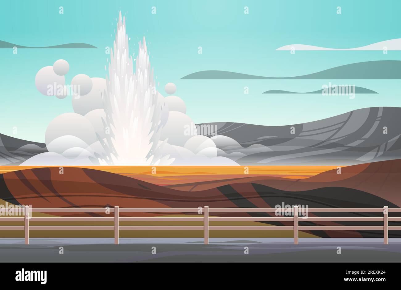 impressive eruption of active geyser hot water steam spraying out from