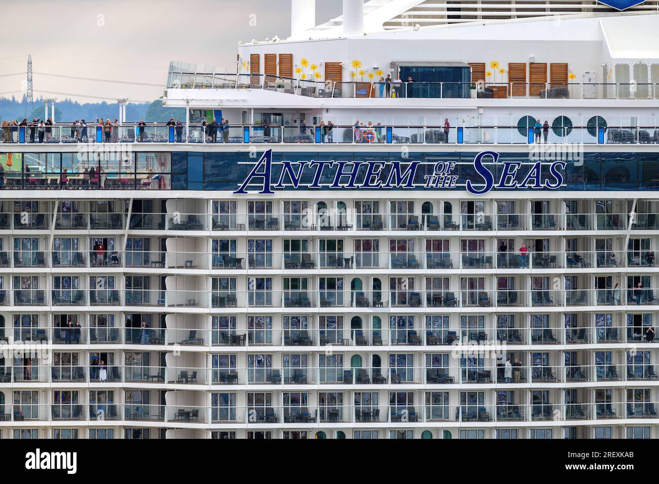 Close view of cabins and passengers on the cruise ship Anthem of the Seas sailing from