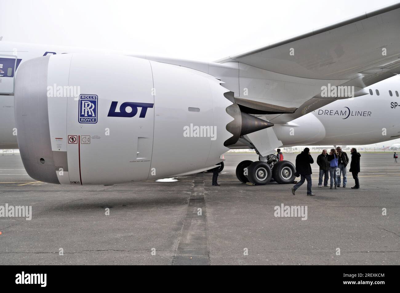 The Rolls Royce engine of the Boeing 787 Dreamliner - airliner of the LOT Polish Airlines at Chopin Airport Stock Photo