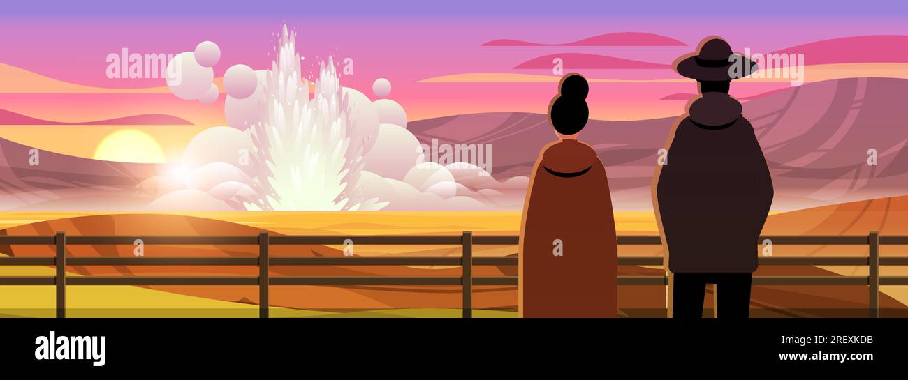 tourists couple near impressive eruption of active geyser hot water ...