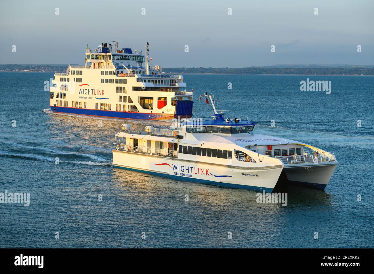 Wightlink passenger ferries passing. The company operates car and passenger services from Portsmouth to the Isle of Wight. Stock Photo