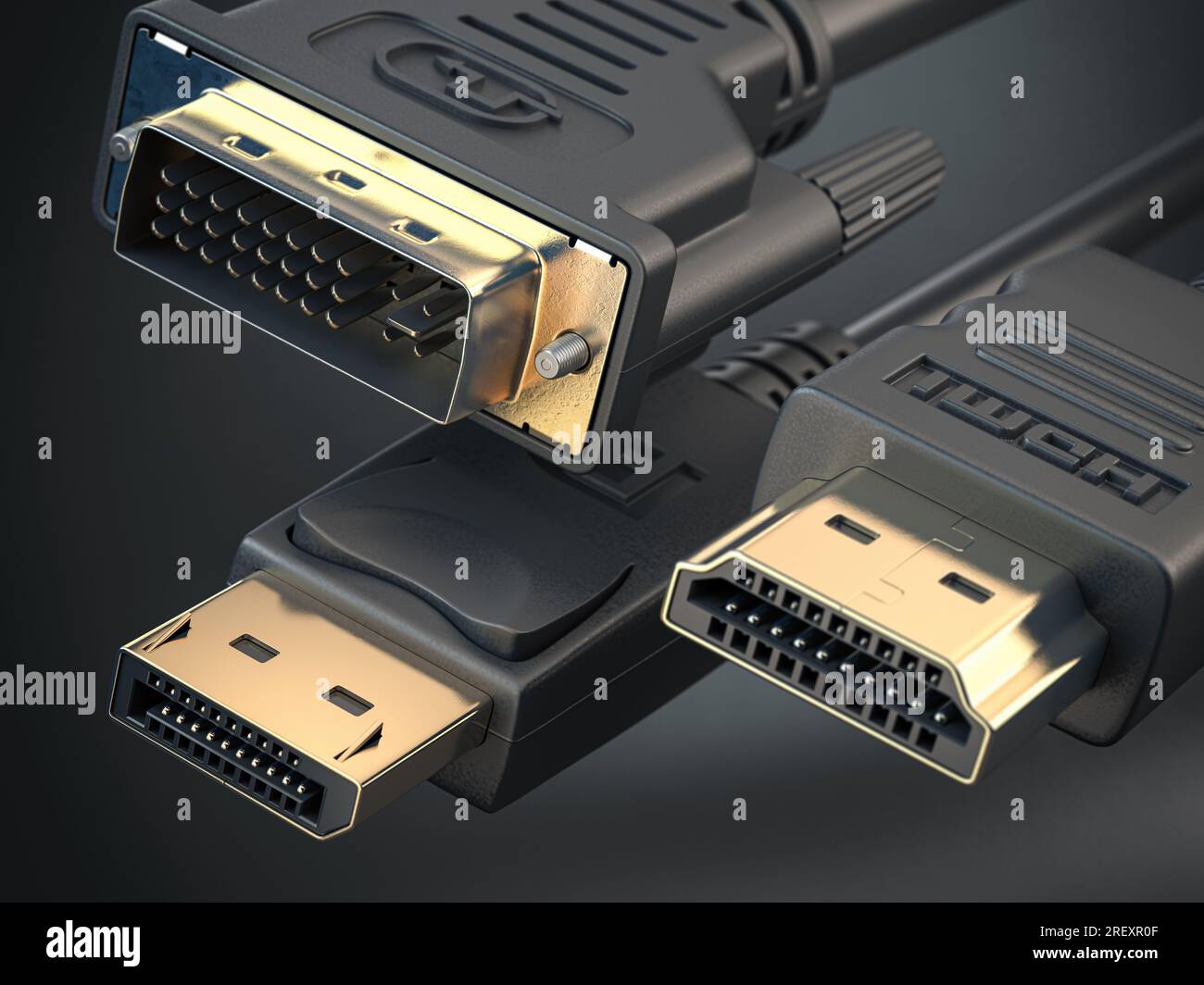 HDMI, Display port and DVI cables. Most common types of digital video cables and display connectors. 3d illustration Stock Photo
