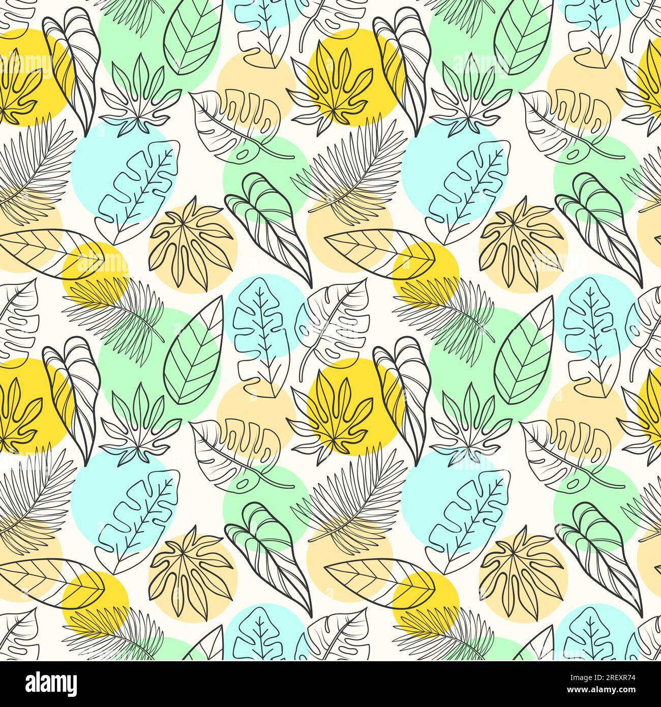 Hand drawn seamless pattern background with colored tropical leaves Stock Vector