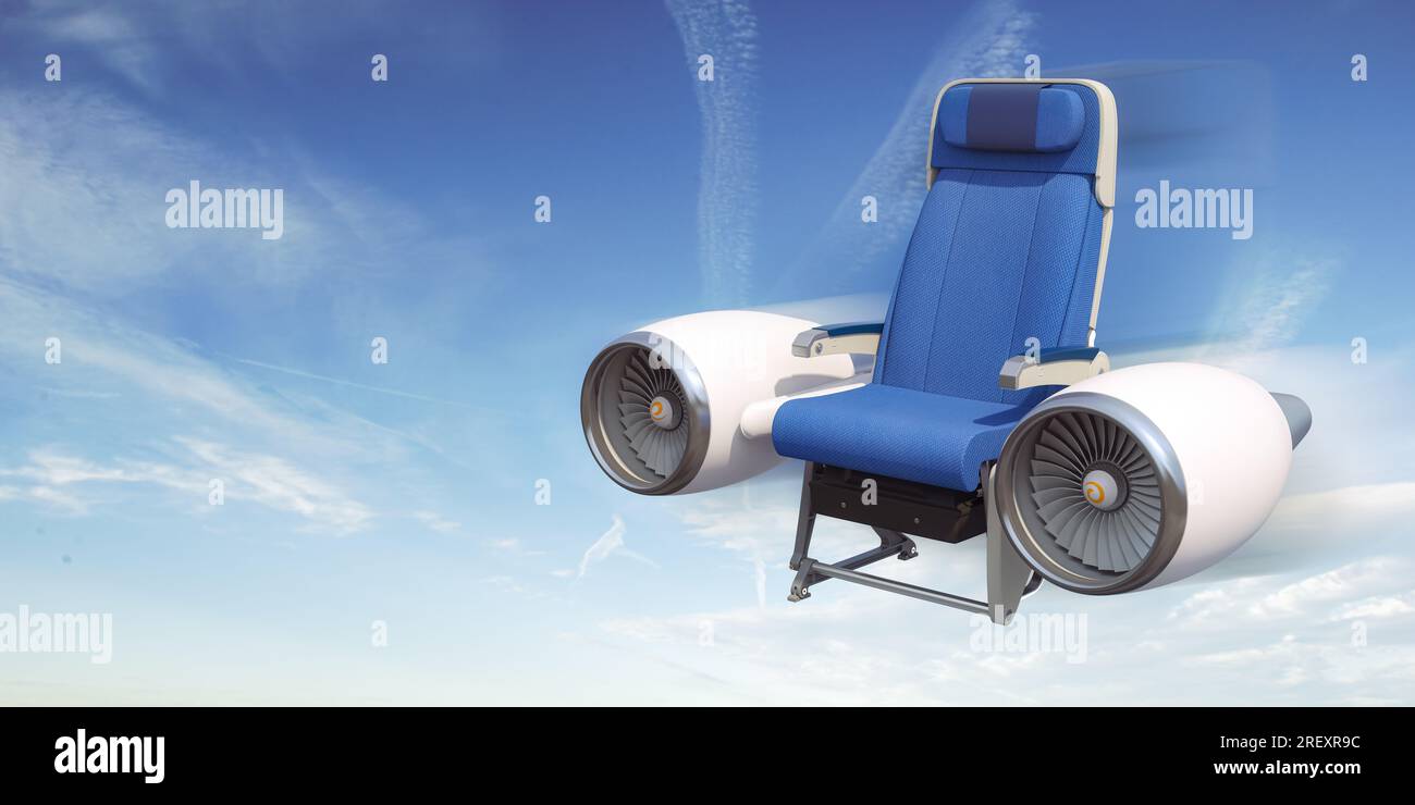 Aircraft seat on airplane motor flying in the sky. Travel and tourism concept. 3d illustration Stock Photo