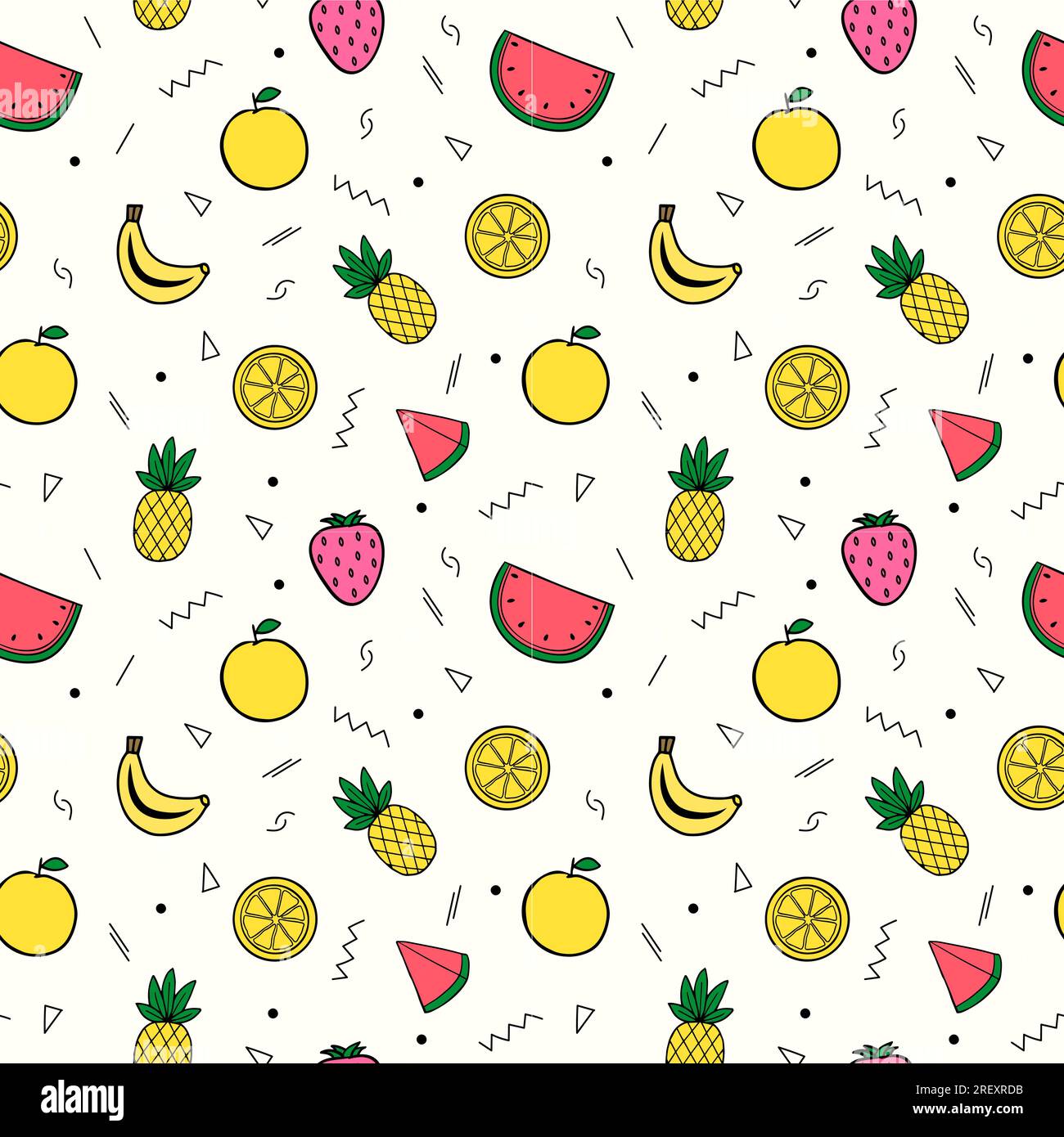 Colored flat seamless summer pattern with tropical fruits and geometric shapes Stock Vector