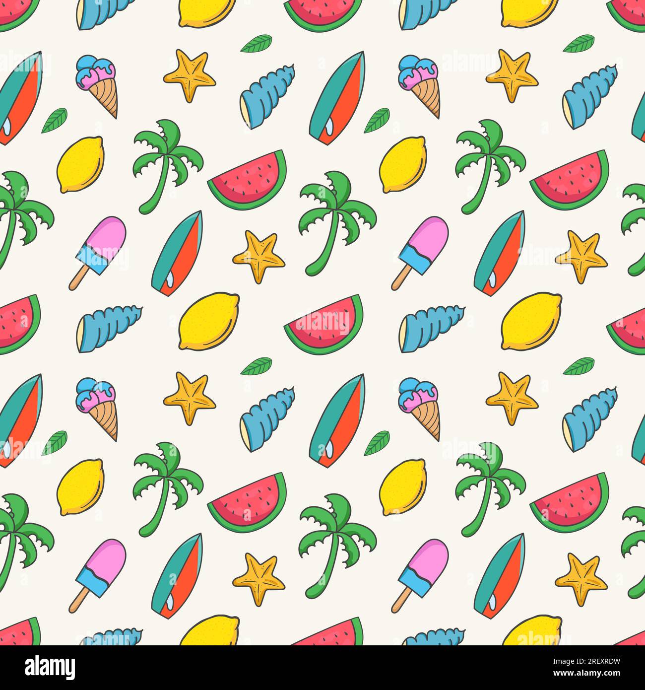 Summer seamless pattern background with colorful hand drawn summer ...