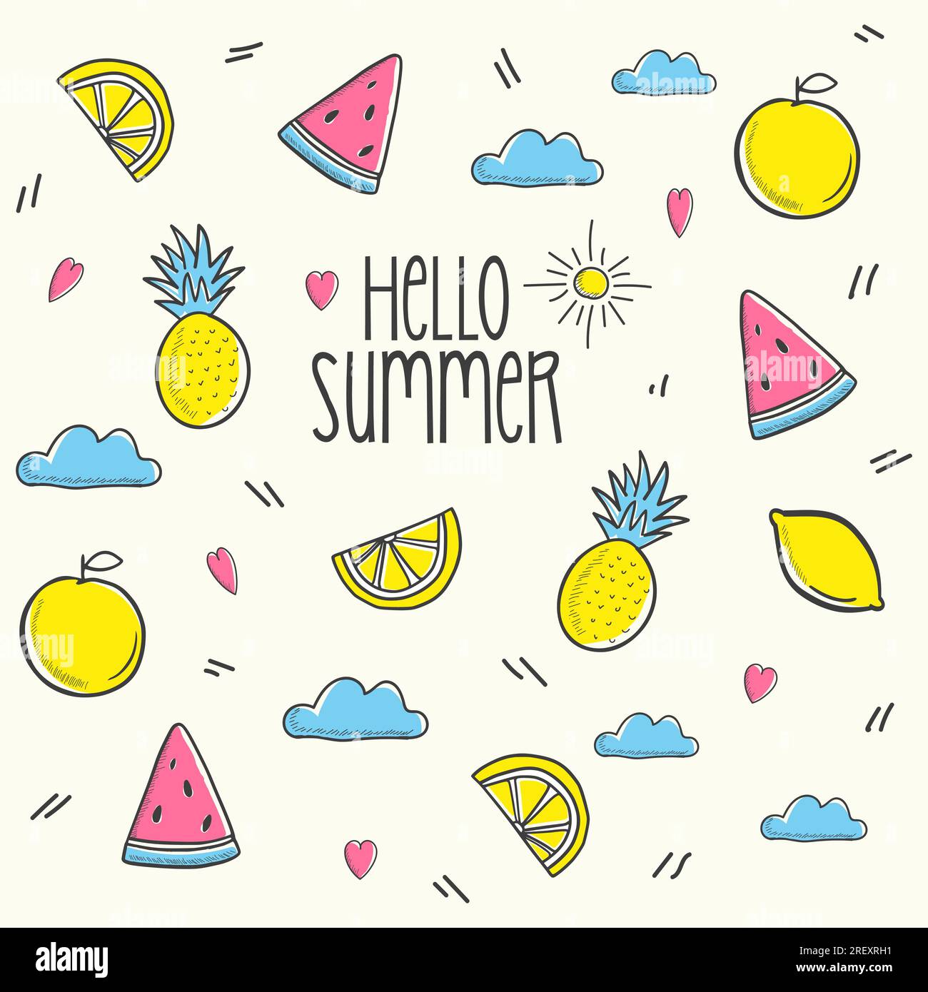 Fruits vector illustration with watermelon banana lemon and orange. Hand drawn Stock Vector