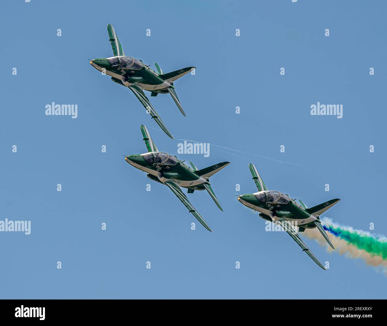 Saudi Hawks, BAE Hawk Mk65/65As, Royal Saudi Air Force Aerobatic Team, King Faisal Air Base, Tabuk.Displaying at the Royal International Air Tattoo 23 Stock Photo