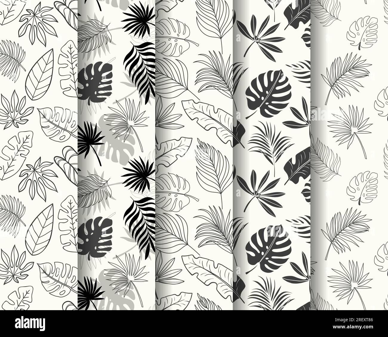 Seamless pattern collection with hand drawn summer tropical leaves Stock Vector