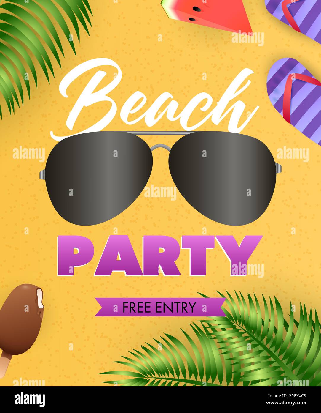 Beach Party lettering, sunglasses, flip flops, tropical leaves Stock ...