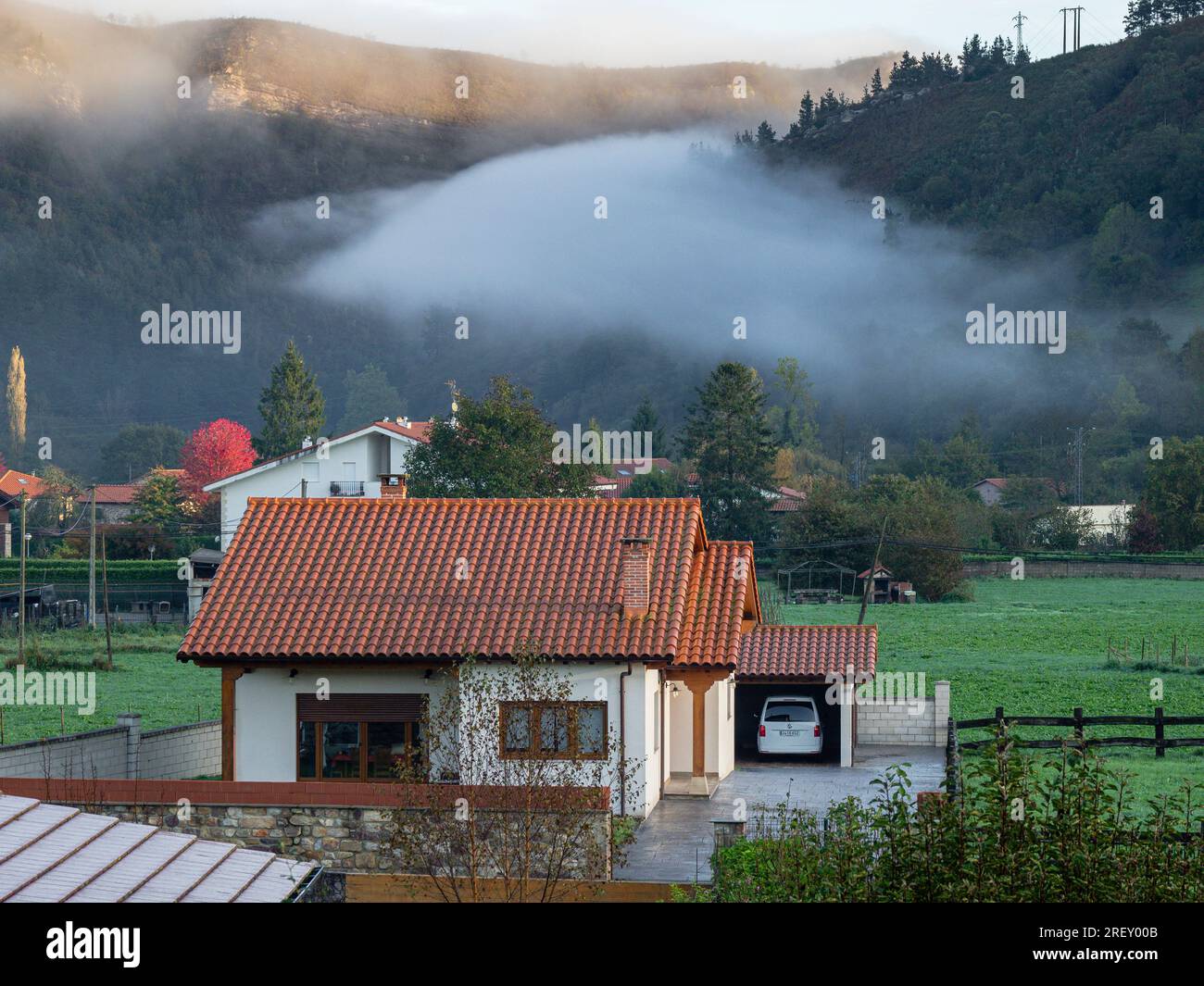Morning fog, Ucieda, Saja-Besaya Natural Park, Cantabria, Spain Stock Photo