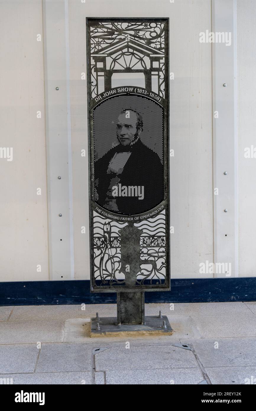 Artwork sign commemorating Dr John Snow, the founding father of epidemiology, on Pilgrim Street