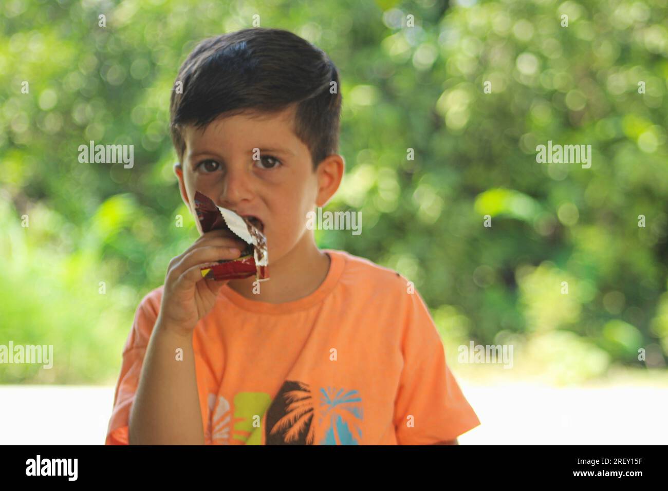 Boy eating chocolate covered wafer. Stock Photo