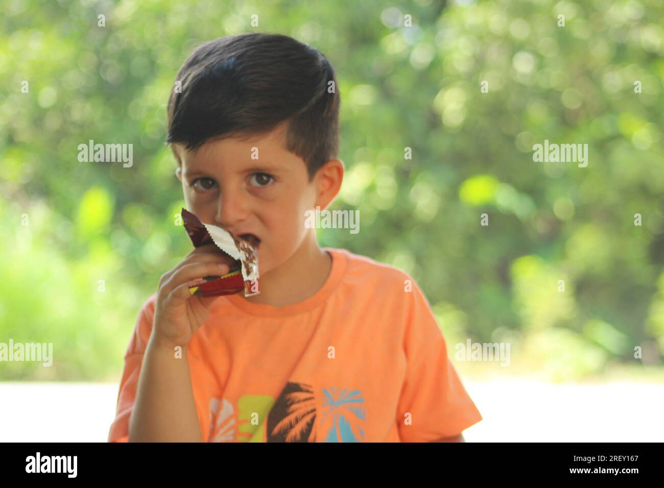 Boy eating chocolate covered wafer. Stock Photo
