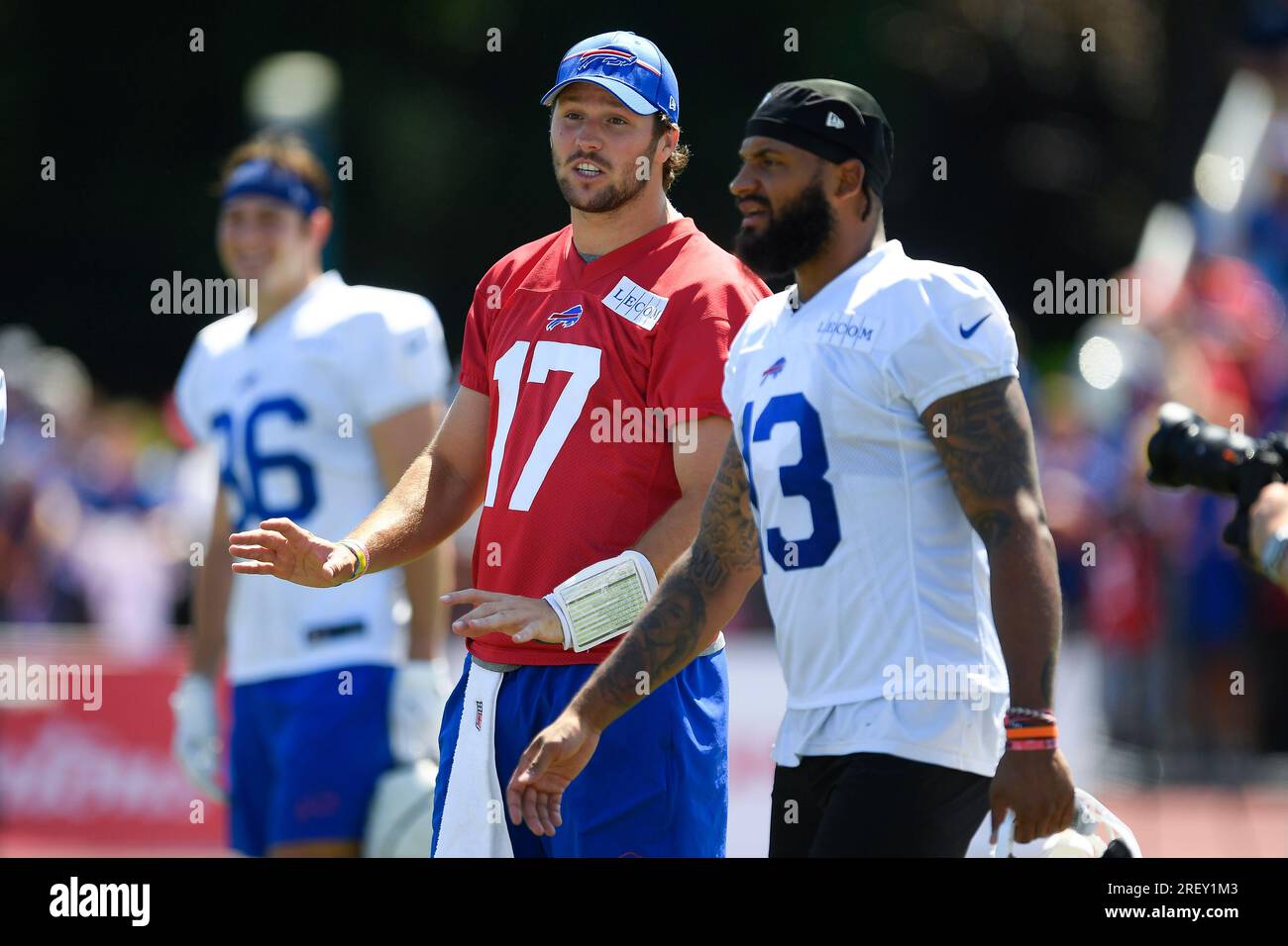 Buffalo Bills quarterback Josh Allen, left, talks with wide receiver Gabe  Davis after practice at the NFL football team's training camp in Pittsford,  N.Y., Sunday, July 30, 2023. (AP Photo/Adrian Kraus Stock