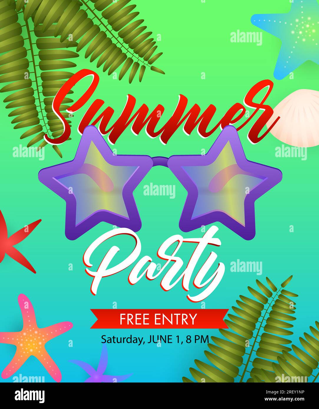 Summer Party, Free Entry lettering with star shaped glasses Stock Vector