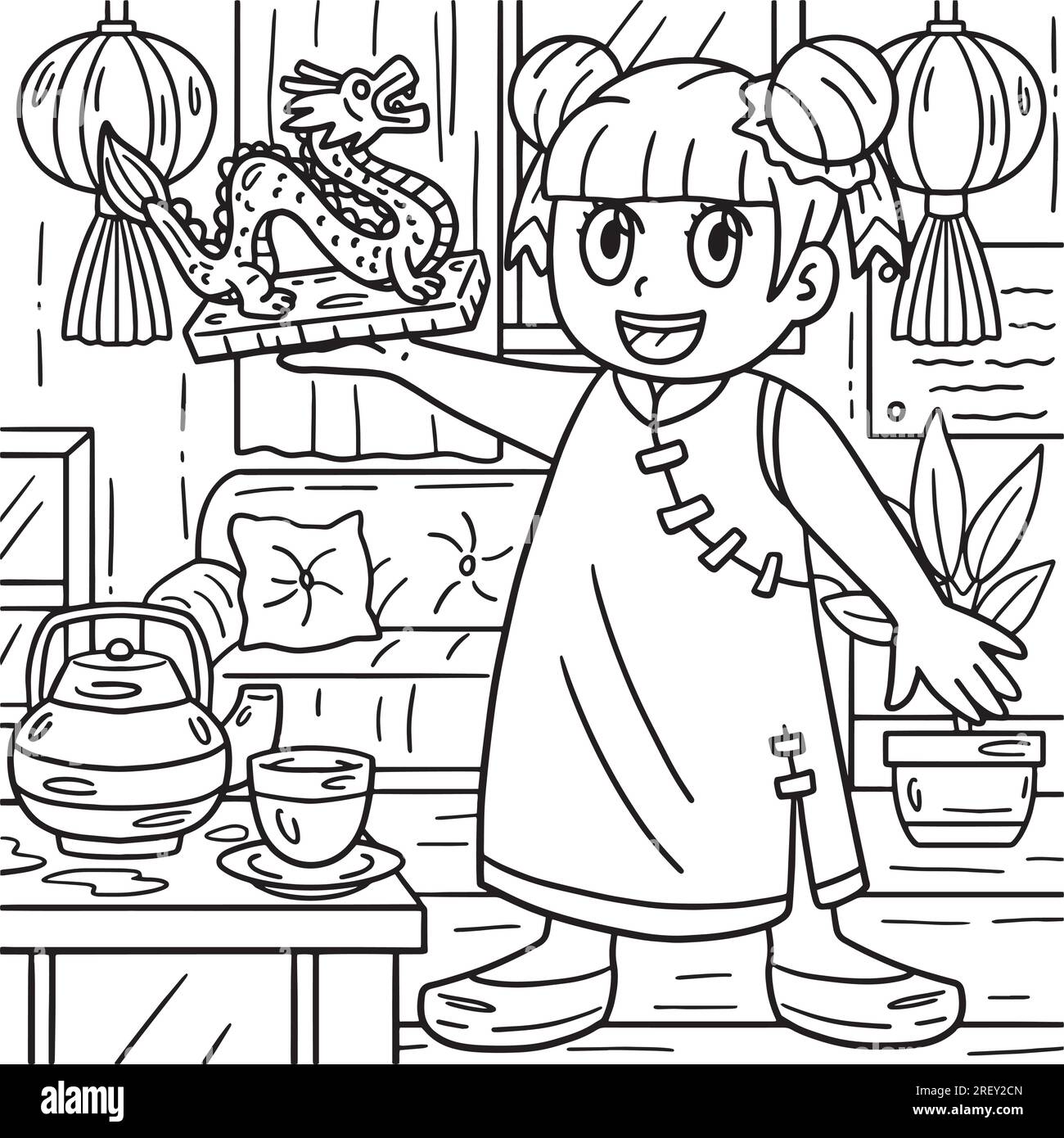 Year of the Dragon Girl Dragon Statuette Coloring Stock Vector Image ...