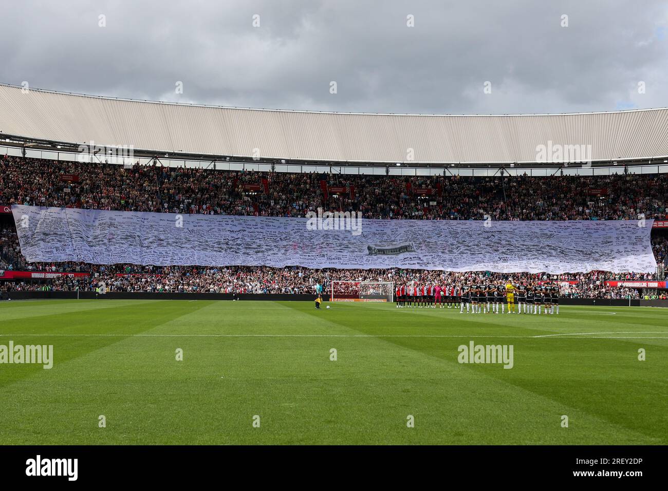 Rotterdam, Netherlands. 30th July, 2023. ROTTERDAM, NETHERLANDS - JULY 30: Flag the all the names of supporters and players of Feyenoord which passed away during the Pre Season Friendly match between Feyenoord and Benfica at Stadion Feijenoord on July 30, 2023 in Rotterdam, Netherlands (Photo by Hans van der Valk/Orange Pictures) Credit: Orange Pics BV/Alamy Live News Stock Photo