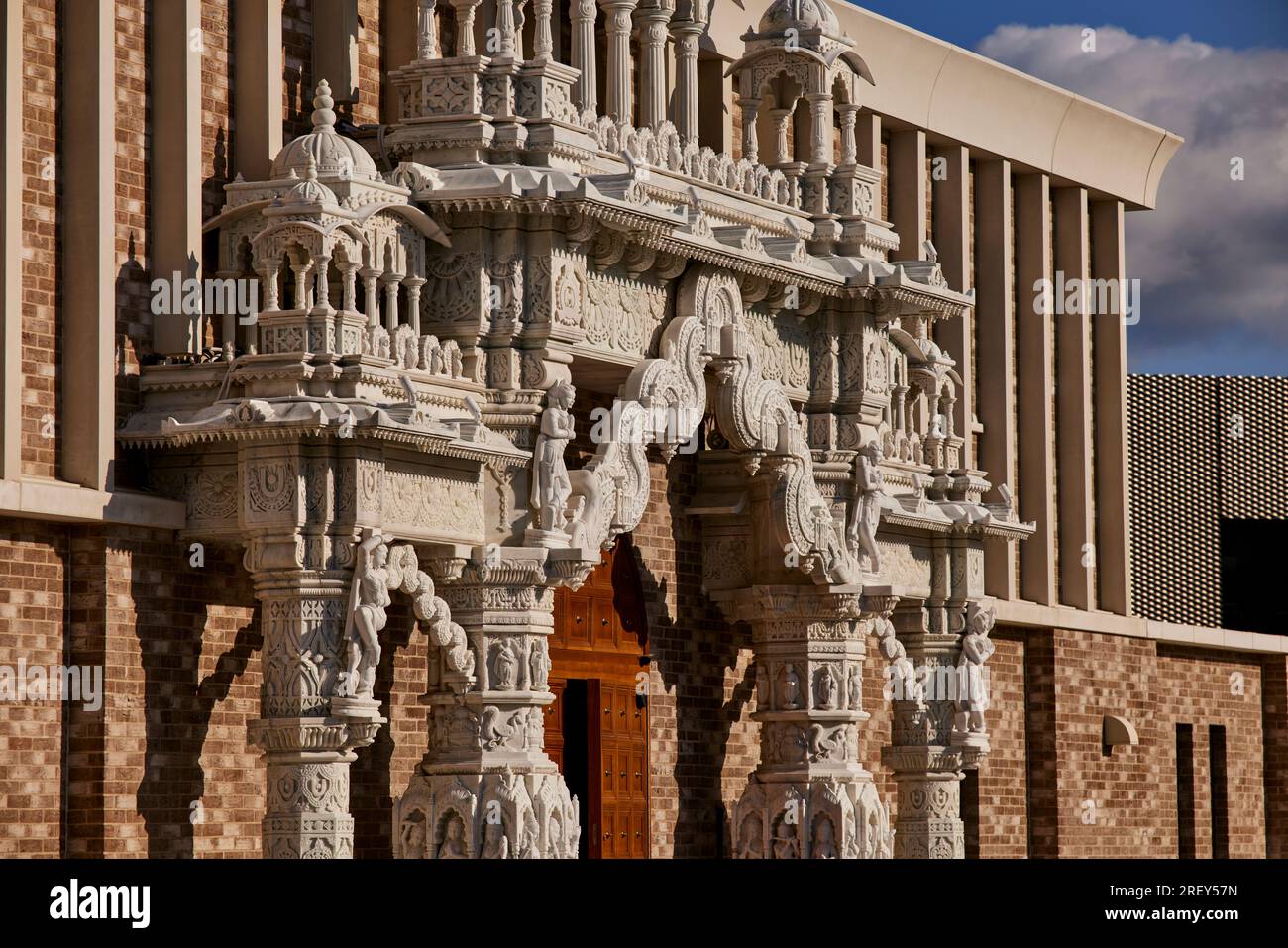 LTS Architects-designed Oldham Hindu temple Shree Swaminarayan Temple with an ornate entrance Stock Photo