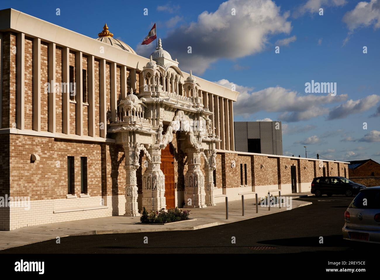 LTS Architects-designed Oldham Hindu temple Shree Swaminarayan Temple with an ornate entrance Stock Photo