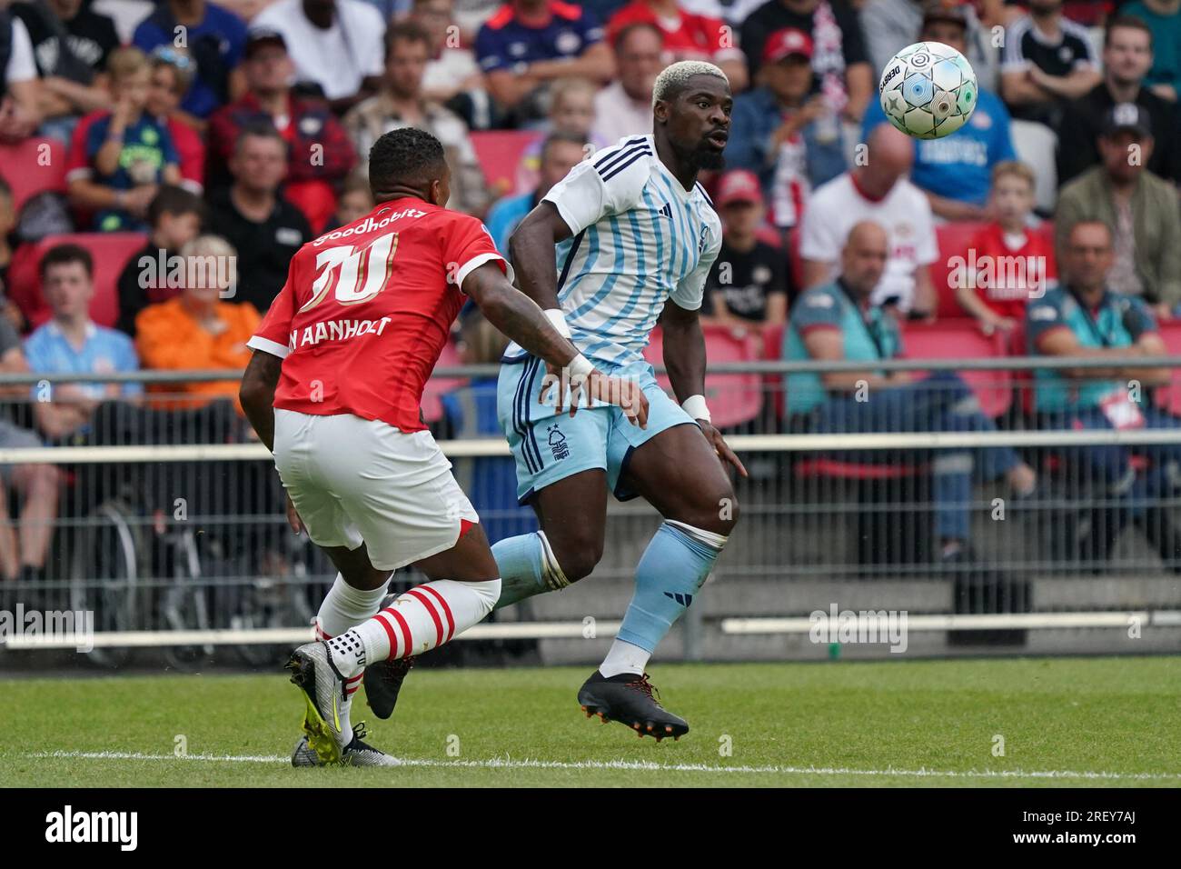 Eindhoven, Netherlands. 30th July, 2023. EINDHOVEN, NETHERLANDS - JULY 30: Sèrge Aurier of Nottingham Forest FC battle for possession during the pre-season friendly match between PSV and Nottingham Forest FC at the Philips Stadion on July 30, 2023 in Eindhoven, Netherlands (Photo by Jeroen Meuwsen/Orange Pictures) Credit: Orange Pics BV/Alamy Live News Stock Photo