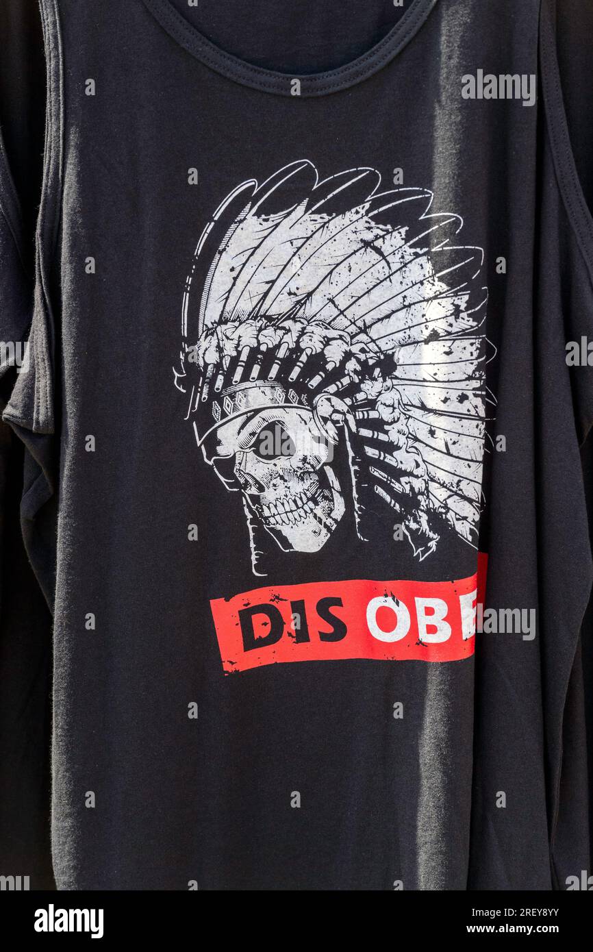 First Nations disobey fashion t-shirt clothing for sale at the Tsuut' ina  Nation’s Powwow. Alberta Canada Stock Photo