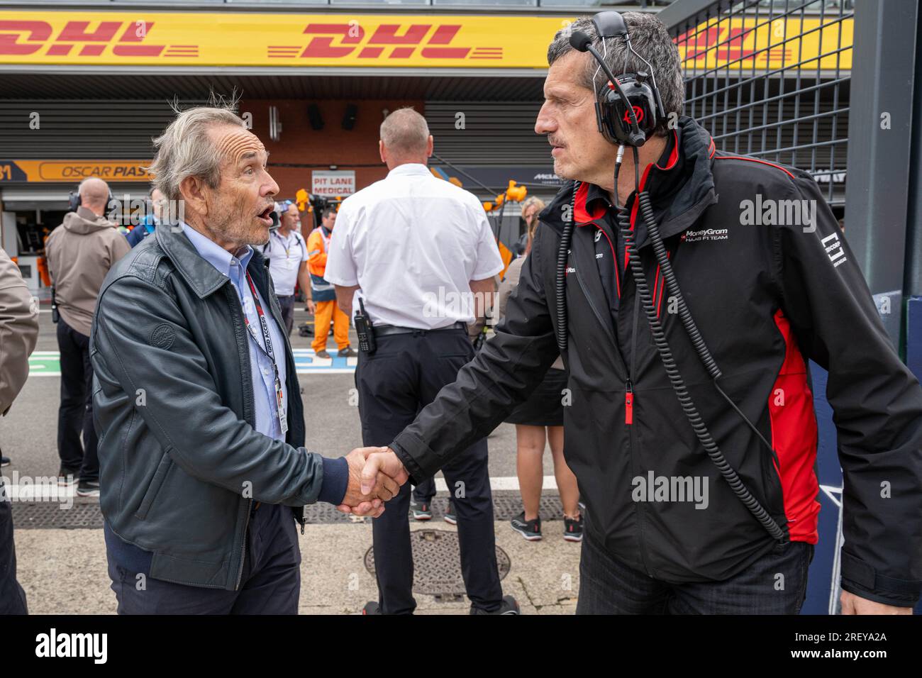 Stavelot, Belgium. 30th July, 2023. Belgian former Formula 1 pilot Jacky Ickx and Haas Formule 1 team principal Italian Gunther Steiner pictured ahead of the F1 Grand Prix of Belgium auto race, in Spa-Francorchamps, Sunday 30 July 2023. The Spa-Francorchamps Formula One Grand Prix takes place this weekend, from July 28th to July 30th. BELGA PHOTO JONAS ROOSENS Credit: Belga News Agency/Alamy Live News Stock Photo