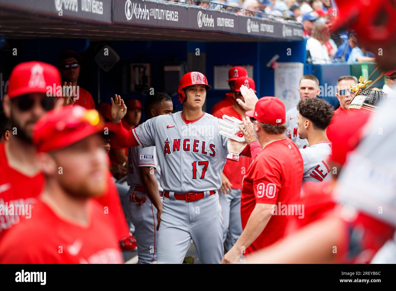 Los Angeles Angels' Shohei Ohtani (17) celebrates in the dugout