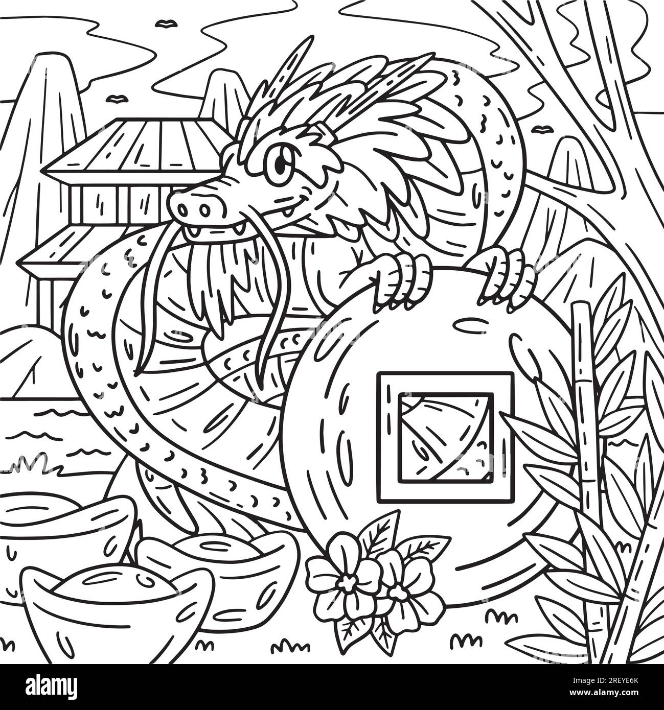 Year of the Dragon Holding Coin Kids Coloring Page Stock Vector Image ...