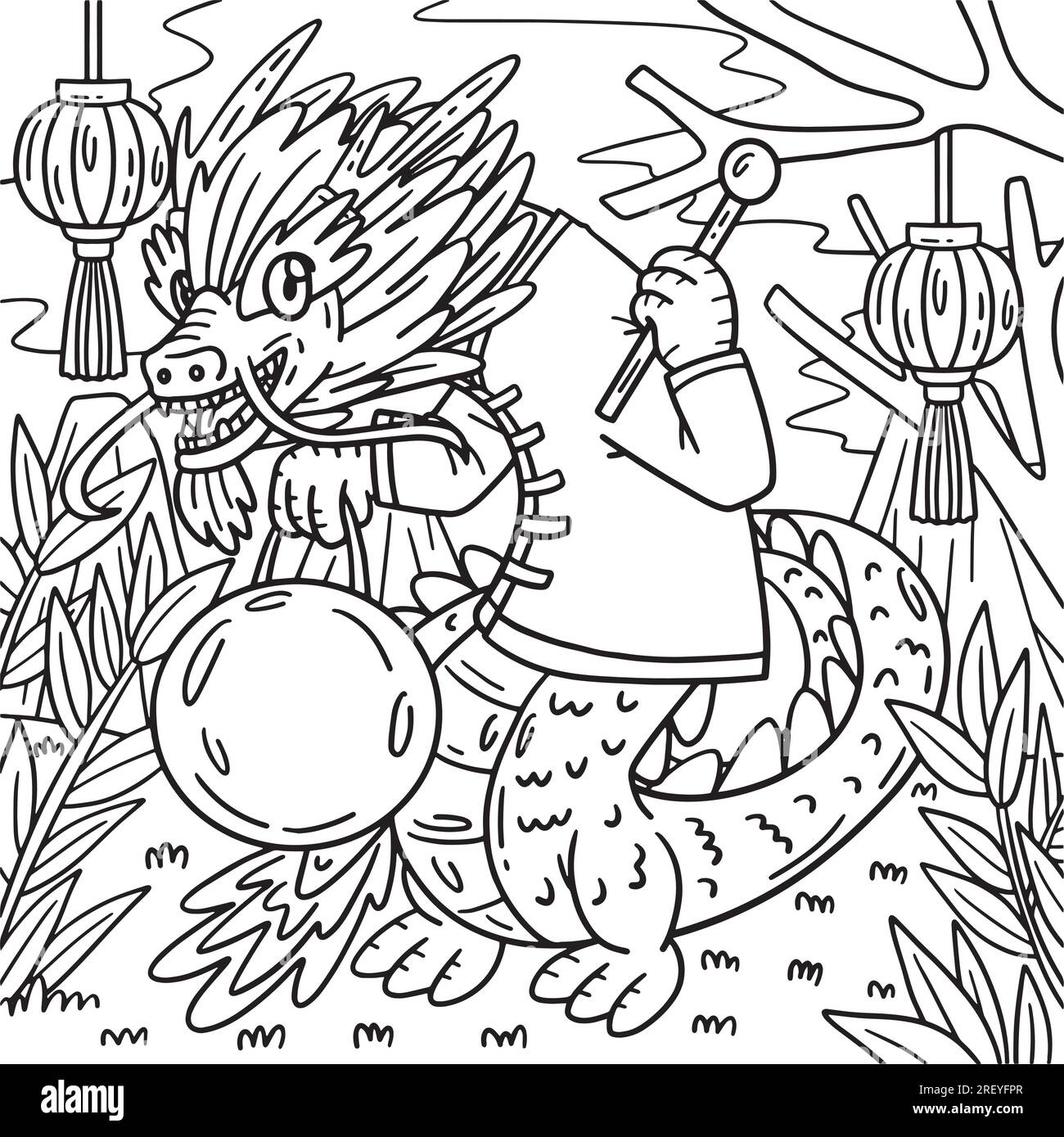 Year of the Dragon Holding Gong Kids Coloring Page Stock Vector Image ...