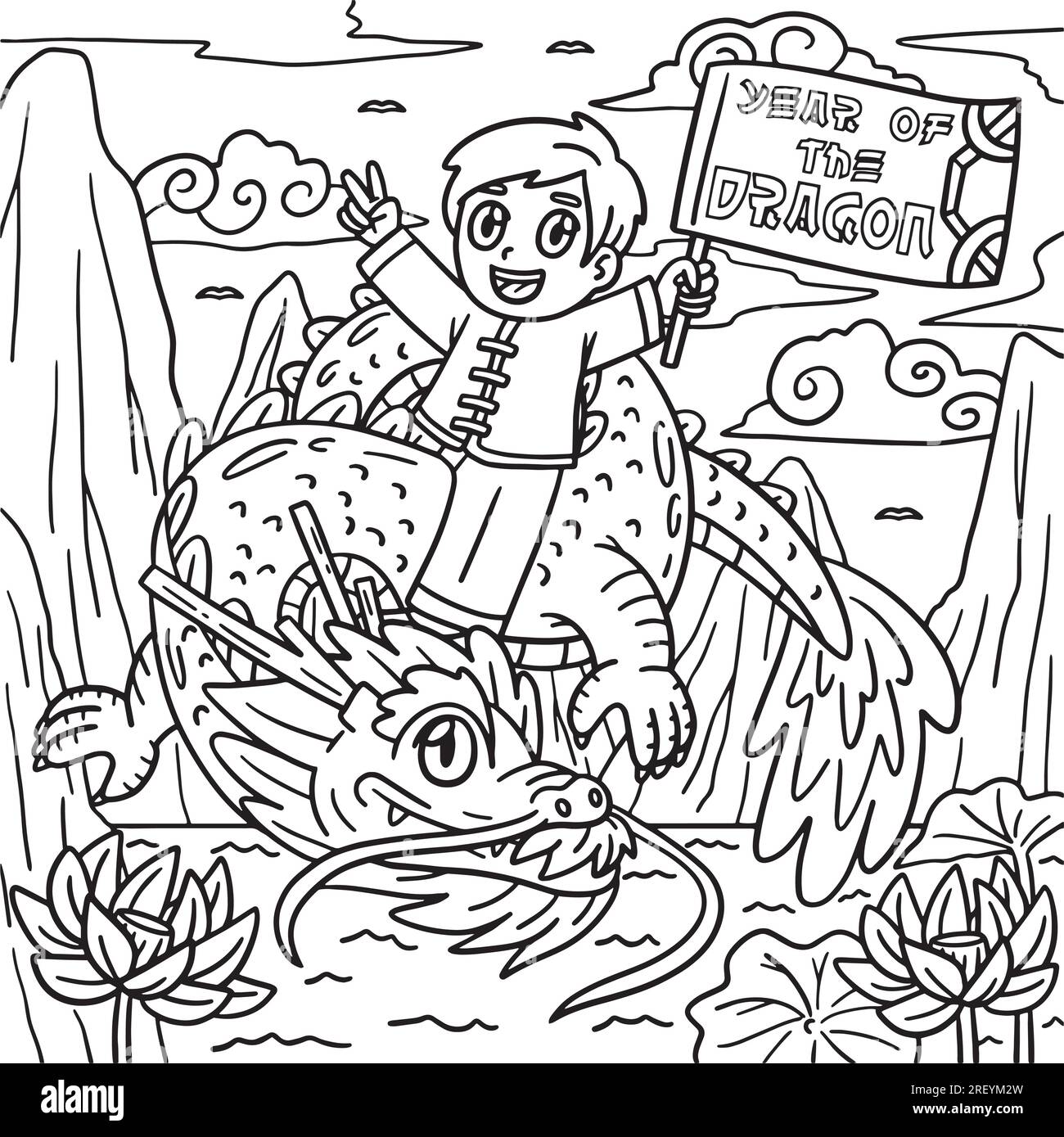 Year of the Dragon Child Riding a Dragon Coloring Stock Vector Image