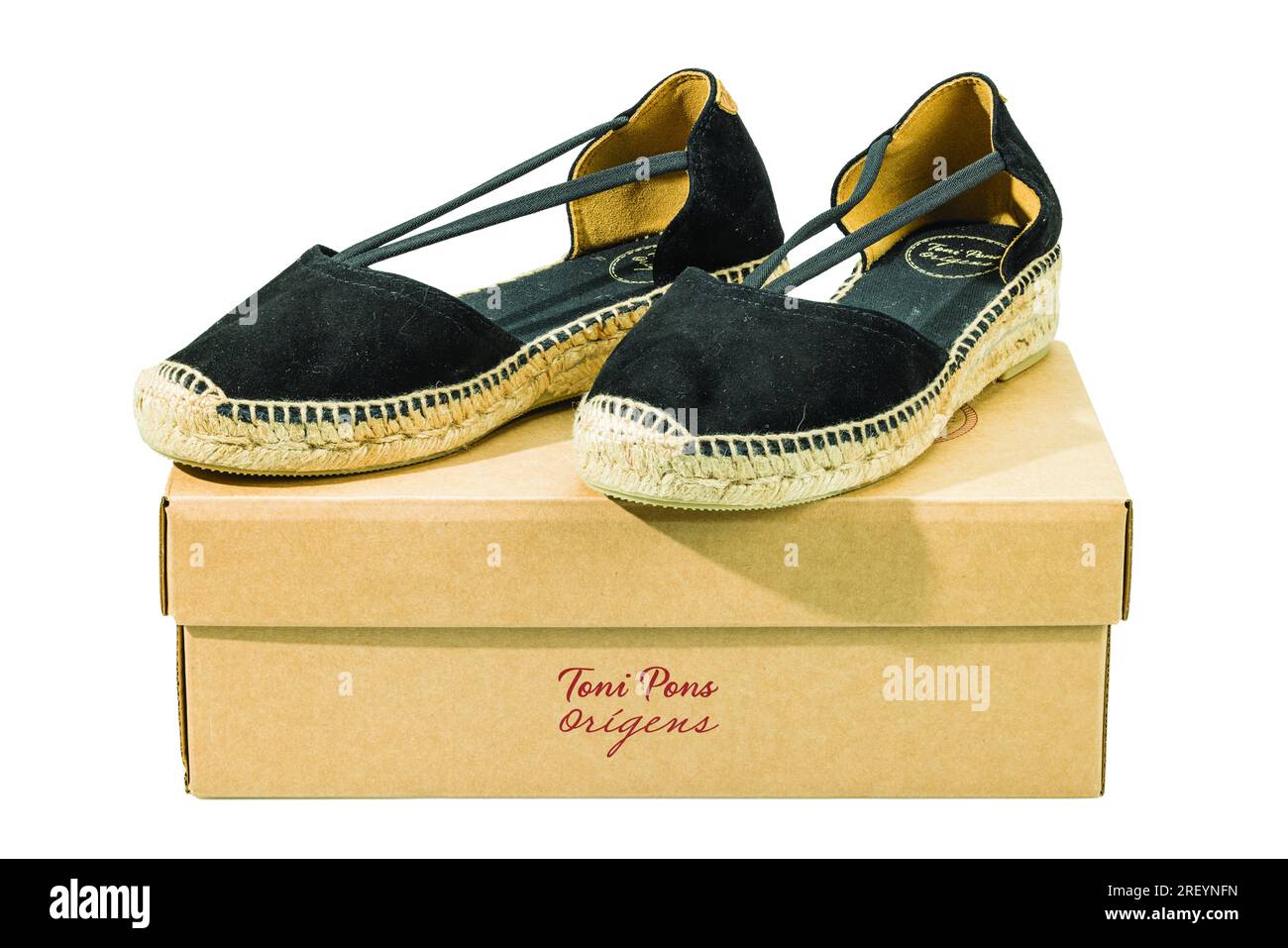 Close-up view of box with Toni Pons Origens black espadrilles sandals  isolated on white background. Sweden Stock Photo - Alamy