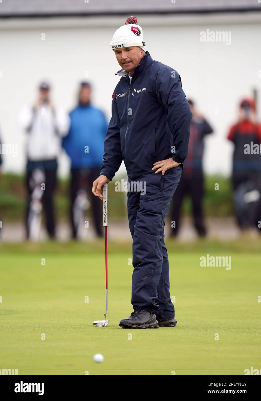 Padraig Harrington reacts to a missed putt on the 18th green during day four of The 2023 Senior Open Championship at the Royal Porthcawl Golf Course, Porthcawl. Picture date: Sunday July 30, 2023. Stock Photo