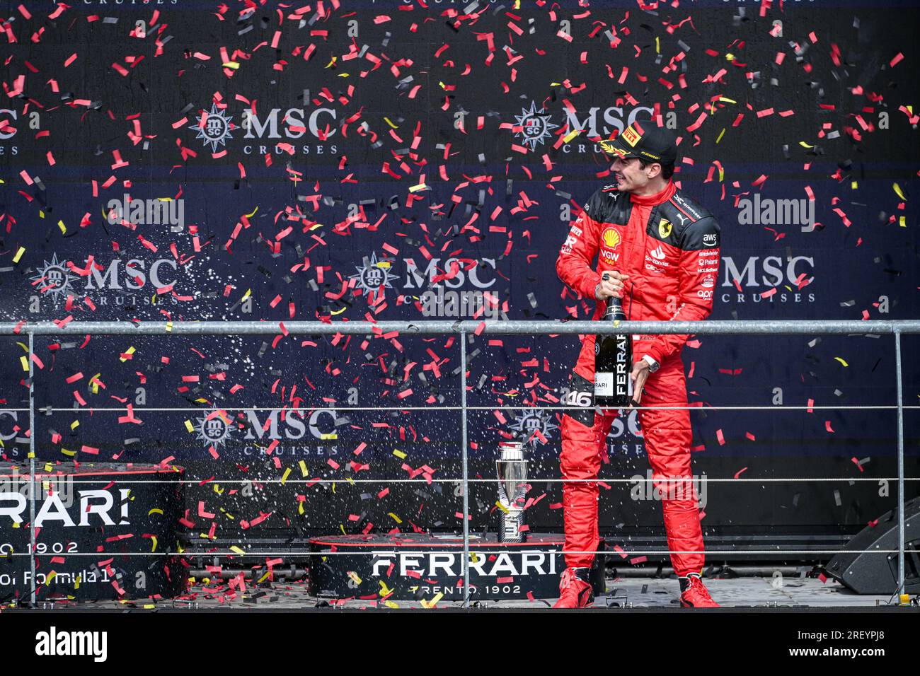 Stavelot, Belgium. 30th July, 2023. Scuderia Ferrari Monegasque rider Charles Leclerc is pictured after the F1 Grand Prix of Belgium auto race, in Spa-Francorchamps, Sunday 30 July 2023. The Spa-Francorchamps Formula One Grand Prix takes place this weekend, from July 28th to July 30th. BELGA PHOTO JONAS ROOSENS Credit: Belga News Agency/Alamy Live News Stock Photo
