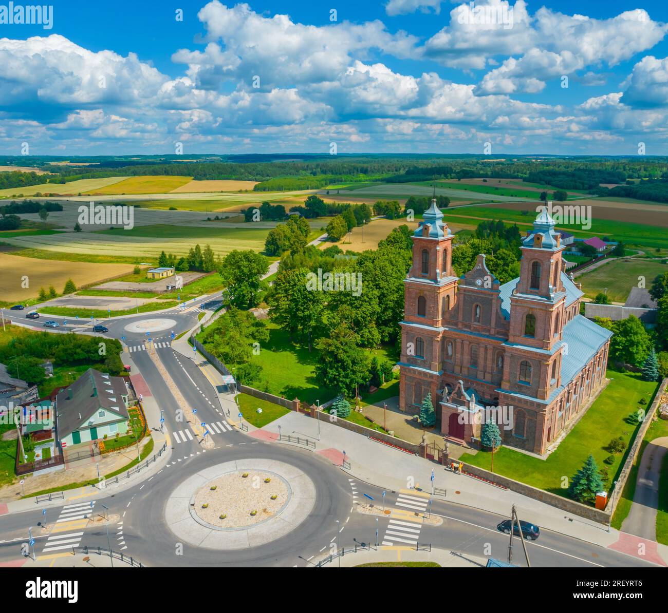 Turgeliai Church of the Assumption of the Blessed Virgin Mary in VIlnius county. Aerial view panoramic photo Stock Photo