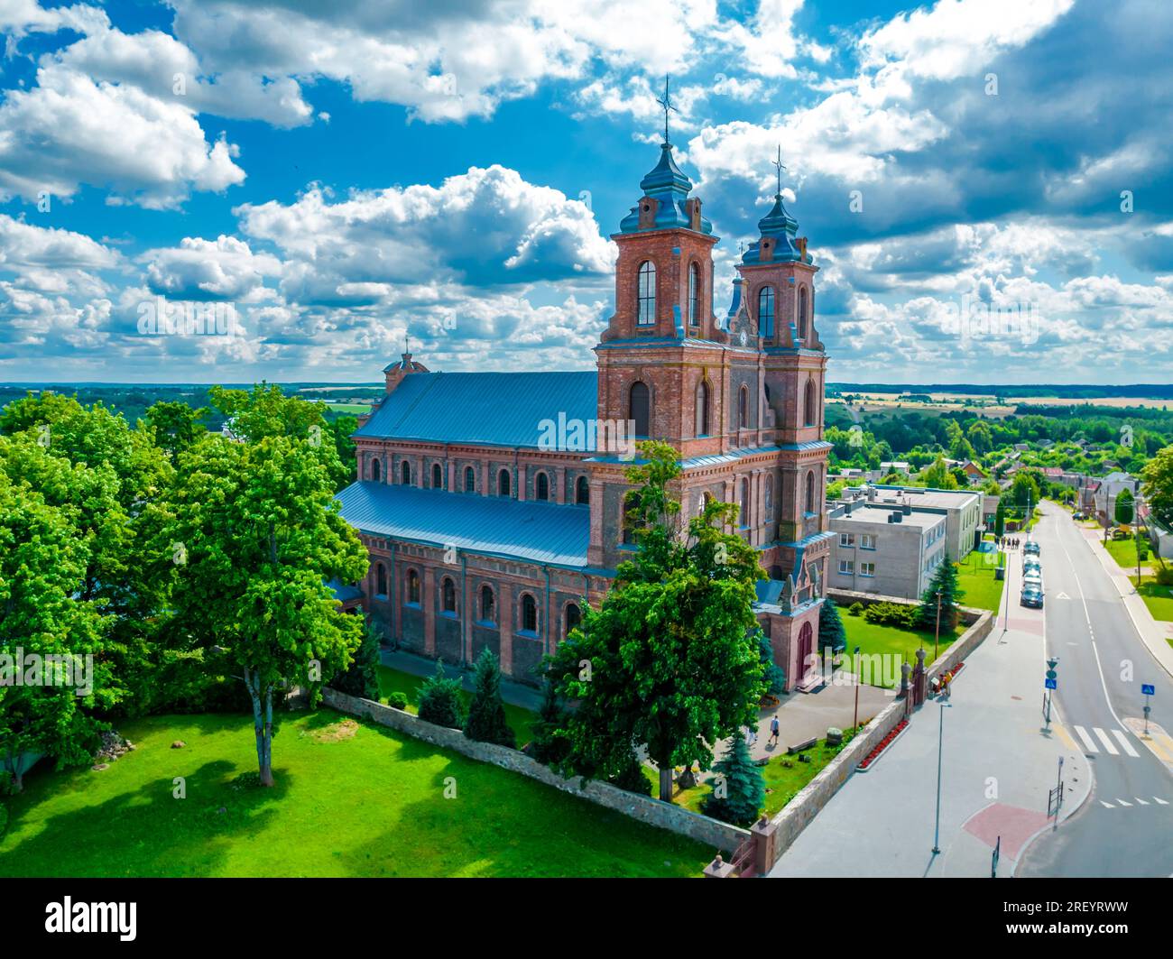 Turgeliai Church of the Assumption of the Blessed Virgin Mary in VIlnius county. Aerial view panoramic photo Stock Photo