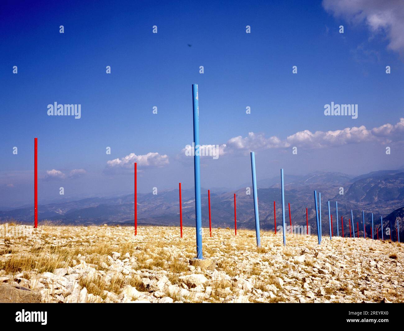 Mont Ventoux in France during summertime with blue and red poles to mark the depth of the snow in wintertime Stock Photo