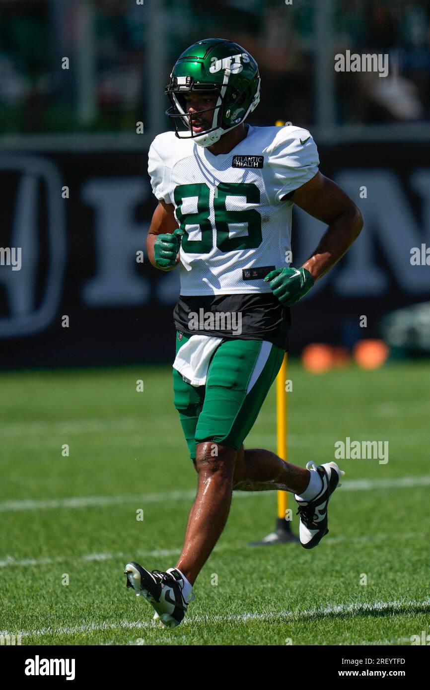 New York Jets linebacker Maalik Hall (46) runs a drill during the team's  NFL football rookie minicamp, Friday, May 5, 2023, in Florham Park, N.J.  (AP Photo/Rich Schultz Stock Photo - Alamy