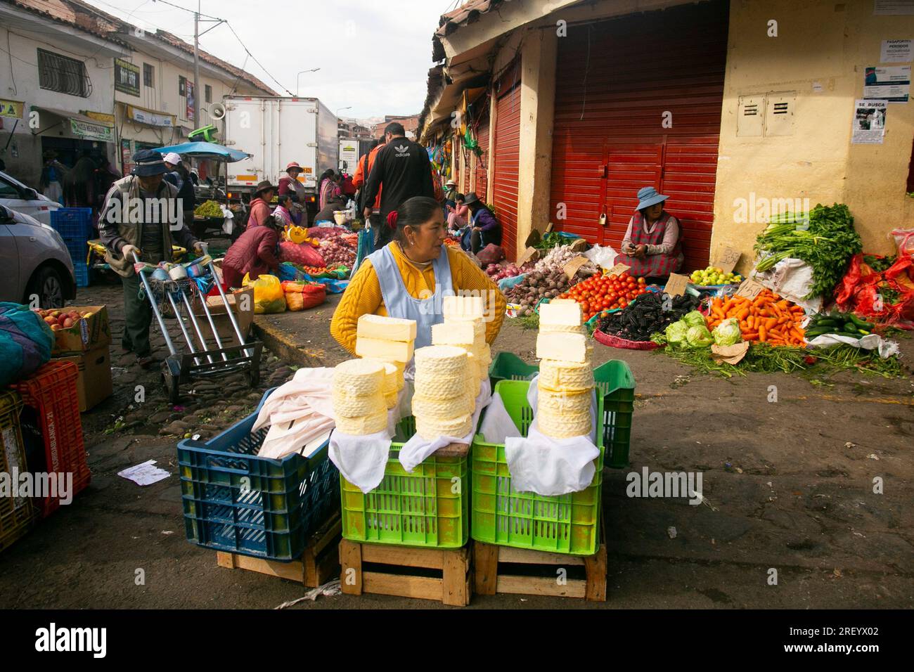 Cusco, Peru; 1st January 2023: Peruvian organic cheeses in a market