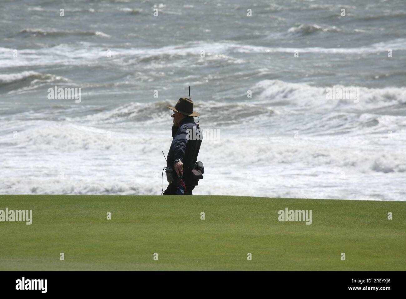 "The Seniors Open", "Golf", "Royal Porthcawl GC", "Wales 2023", "Golfing legends",  "at play in the wind and rain", "Links Golf at its cruellest" Stock Photo