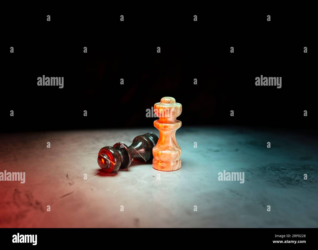 high quality close-up chess piece draw. Creative and colorful chess photography. Black and white shamrock shoot. Concepts of good and evil. Stock Photo