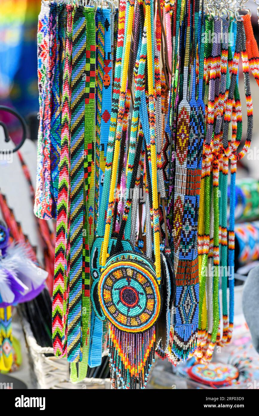 Aboriginal bead work for sale at the Tsuut 'ina Nation rodeo grounds and powwow in Bragg Creek (near Calgary) Alberta, Stock Photo
