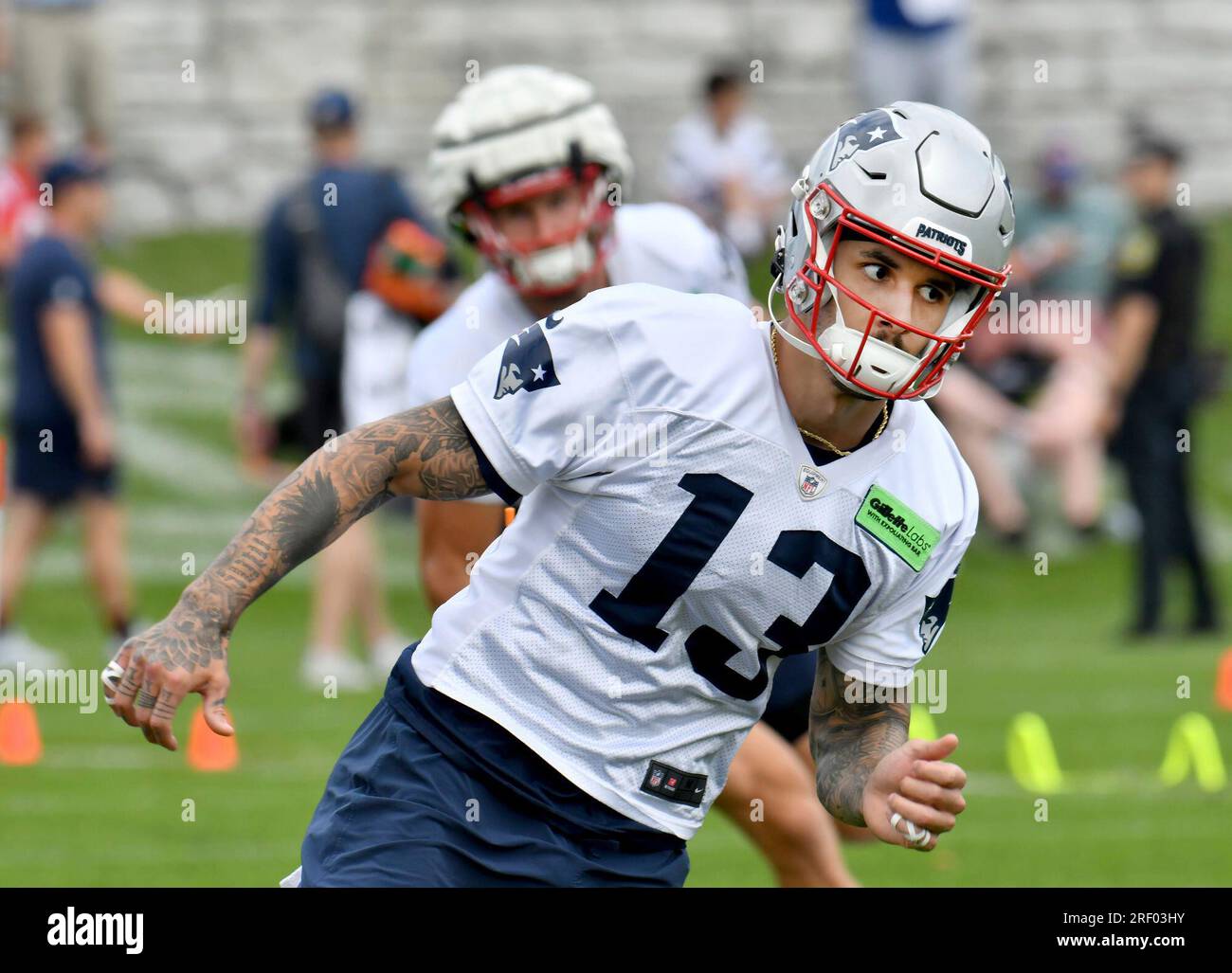 New England Patriots wide receiver Jalen Hurd (13) runs drills