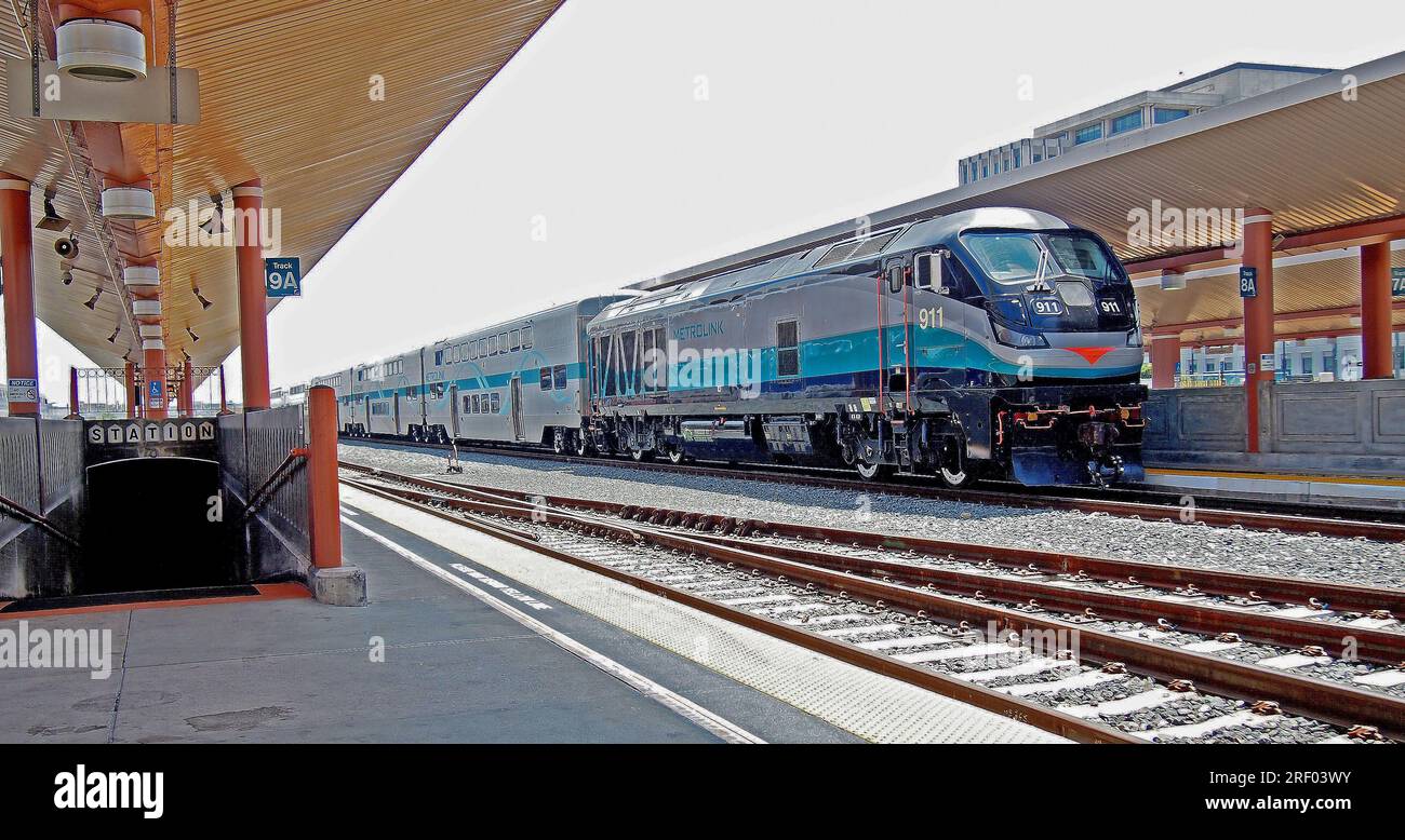 Metrolink train engine at the Union Station in Los Angeles, California